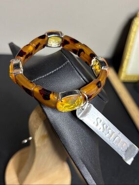 Guess Tortoiseshell Resin Stretch Bracelet Silver Yellow Crystal Accents